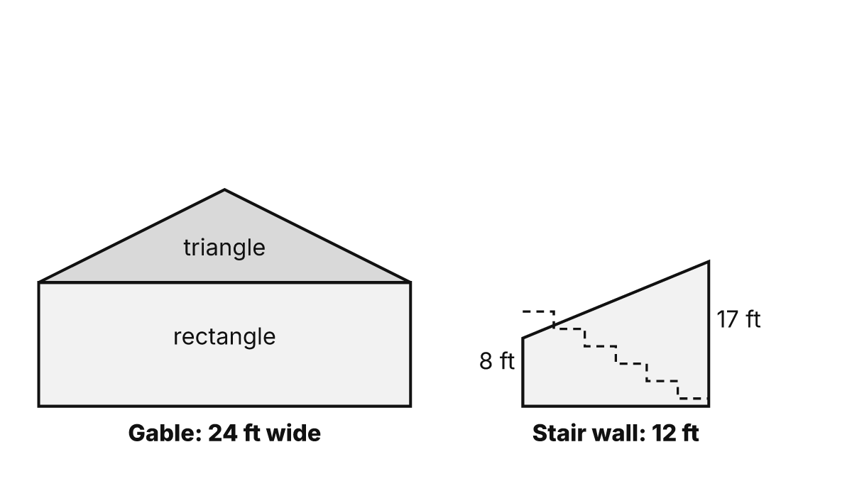 Left: a gable wall 24 ft wide split into a rectangle and a triangle. Right: a stairwell wall shaped as a trapezoid, 12 ft long, 8 ft tall at the low end and 17 ft at the high end